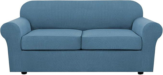 H.VERSAILTEX 3 Piece Stretch Sofa Covers for 2 Cushion Sofa Couch Covers for Living Room Furniture Cover (Base Cover Plus 2 Seat Cushion Covers) Thicker Jacquard Fabric(Large Sofa, Dusty Blue)