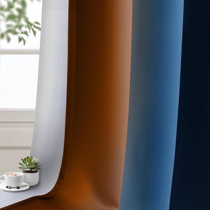 Yakamok Blackout Ombre Dark Blue and Burnt Orange Curtains-Gradient Room Darkening Curtain, Grommet Thermal Insulated Light Blocking Window Drapes Curtain for Living Room Bedroom,52 x 72 Inch,2 Panels