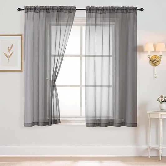 Grey Sheer Curtains 63 Inch Length 2 Panels, Voile Sheer Curtain for Living Room, Breathable Light Filtering Modern Window Treatments, Soft Fabric Dual Rod Pocket Drapes, 2x42Wx63L Inches
