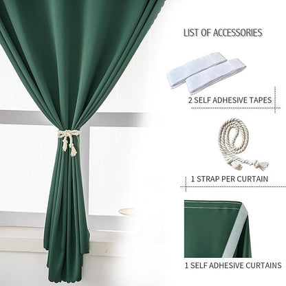 Blackout Curtains for Bedroom Sticky Curtain Blackout Window Cover Self Adhesive Curtains Rod No Drillng, 47" W X 96" L, Dark Green, 1 Panel