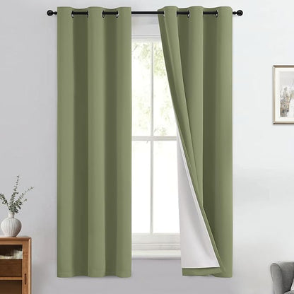 Yakamok 100% Blackout Curtain Panels 63 inches Cold and Light Blocking Drapes for Nursery, 2 Thick Layers Thermal Insulated Draperies (2 Pieces, 40 Wide Each Panel, Sage Front with White Backing)