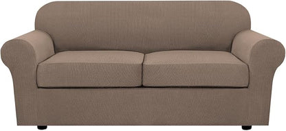 H.VERSAILTEX 3 Piece Stretch Sofa Covers for 2 Cushion Sofa Couch Covers for Living Room Sofa (Base Cover Plus 2 Seat Cushion Covers) Thicker Jacquard Fabric (Large Sofa, Macchiato)
