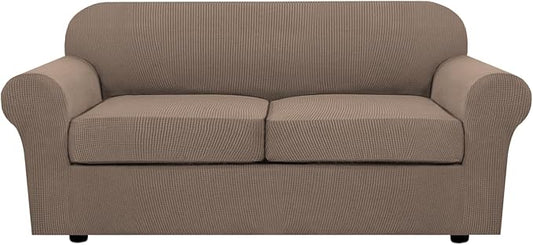 H.VERSAILTEX 3 Piece Stretch Sofa Covers for 2 Cushion Sofa Couch Covers for Living Room Sofa (Base Cover Plus 2 Seat Cushion Covers) Thicker Jacquard Fabric (Large Sofa, Macchiato)