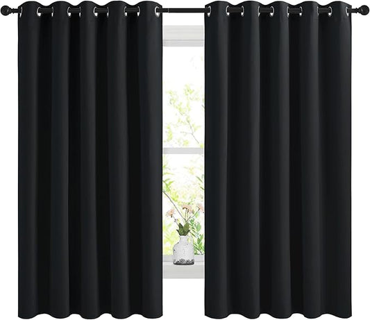 NICETOWN Blackout Curtains Panels for Bedroom, 2 Panels, 66 x 60 Inch, Black, 3 Pass Microfiber Noise Reducing Thermal Insulated Solid Ring Top Blackout Window Drapes