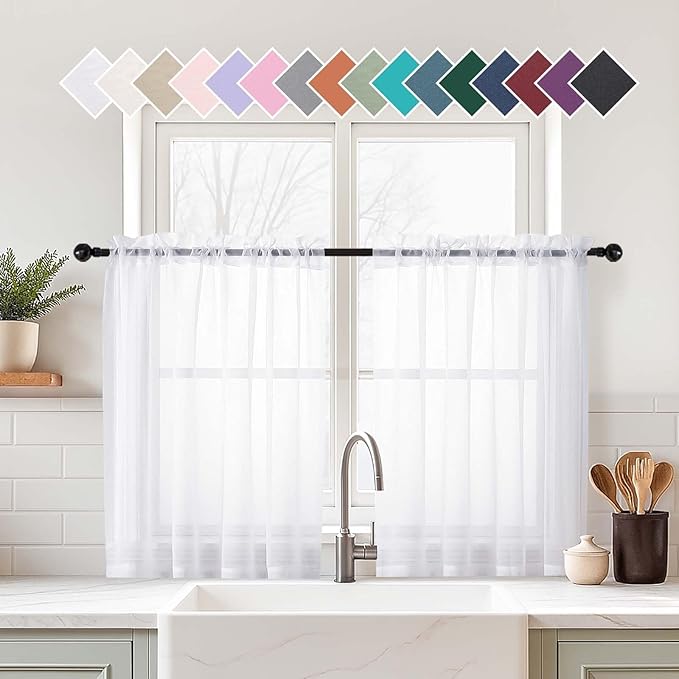 White Small Sheer Curtains Tier 30 Inches Length 2 Pieces, Light Filtering Cafe Curtains Sheers for Living Room Bathroom, Modern Window Treatments Dual Rod Pocket Panels, 2X42Wx30L Inches