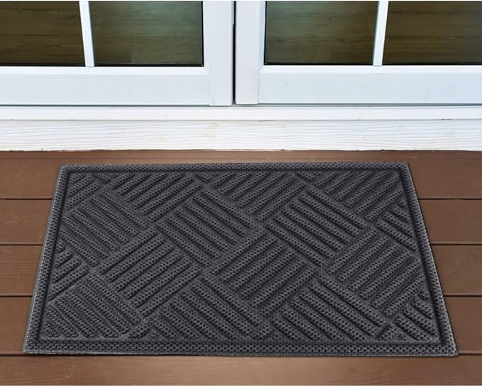 Mibao Front Door Mat, Dirt Trapper Welcome Mat for Outdoor Indoor, Non-Slip Waterproof Doormat, Durable Machine Washable Low Profile Entry Rug for Back Door Outside Patio Porch, 35.5" x 24", Gray