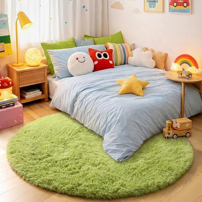 Grass Green Round Rugs 5Ft for Bedroom, Fluffy Shaggy Circle Area Rugs for Kids Playroom Baby Nursery, Cozy Cool Living Room Decor Aesthetic, Cute Fuzzy Furry Plush Carpet for Teen Girls Boys Toddler