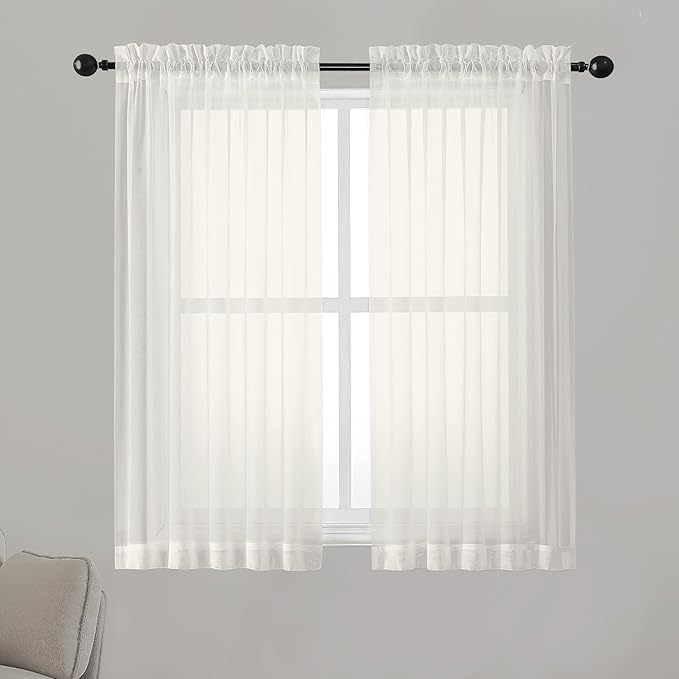 Chyhomenyc Ivory Sheer Curtains 54 Inch Length 2 Panels for Kitchen, Light Filtering Voile Rod Pocket Curtains Drapes for Living Room Bedroom Small Windows, 42Wx54L inches