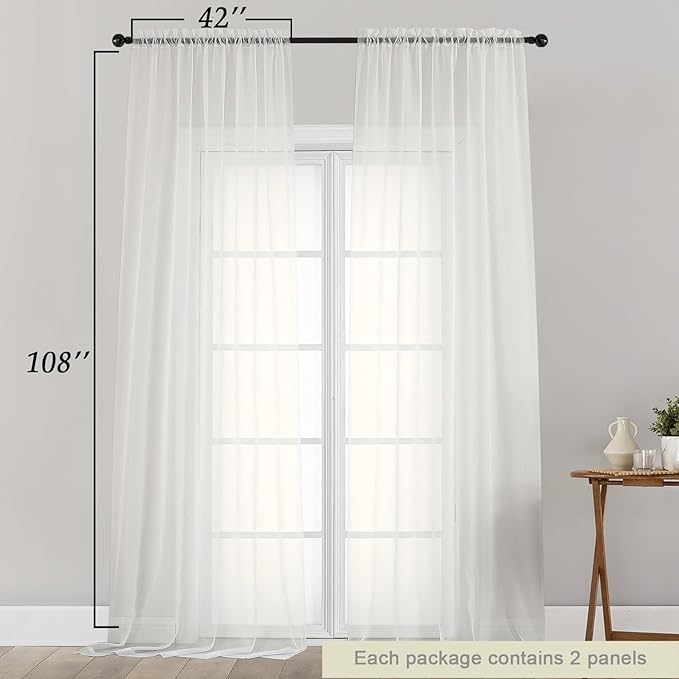 Extra Long Sheer Ivory Curtains for Bedroom Living Room 108 Inches Long 2 Panels Set, Solid Soft Light Filtering Rod Pocket Sheer Window Curtains, Ivory, Each 42" Wx108 L Inch