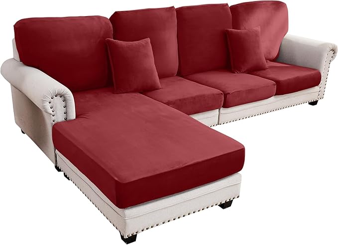 Couch Cover 4-Piece Elastic Velvet Couch Cushion Covers & Chaise Slipcovers for L-Shaped Sofas, Sofa Seat Covers Washable, Soft Cover for Couches (3 Seater + Chaise, Christmas Red)