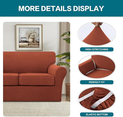 Turquoize 3 Piece Sofa Covers for 2 Cushion Couch Sofa Slipcover Soft Couch Cover for Dogs-Washable Sofa Furniture Covers with 2 Individual Cushion Covers, Thick Jacquard Fabric (Loveseat, Rust)