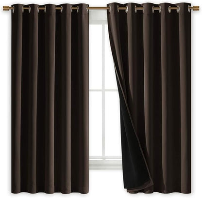 NICETOWN Complete 100% Blackout Curtains, Thermal Insulated & Energy Efficiency Window Draperies with Black Liner, Noise Reducing Short Curtains for Kids Room (Brown, 70-inch W by 63-inch L, 2 Panels)