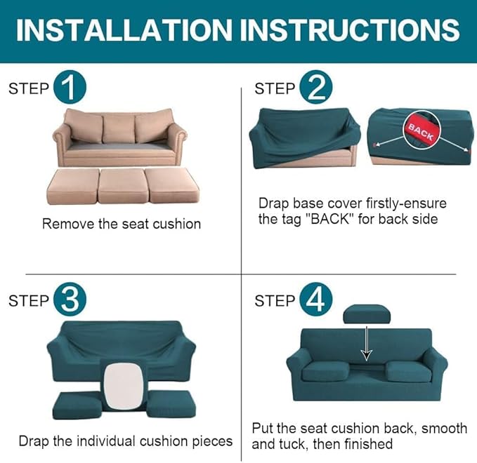 Turquoize 4 Piece Sofa Covers for 3 Cushion Couch Sofa Slipcover Soft Couch Cover for Dogs Washable Furniture Cover with 3 Individual Large Cushion Covers Feature Fabric (Large Sofa, Deep Teal)