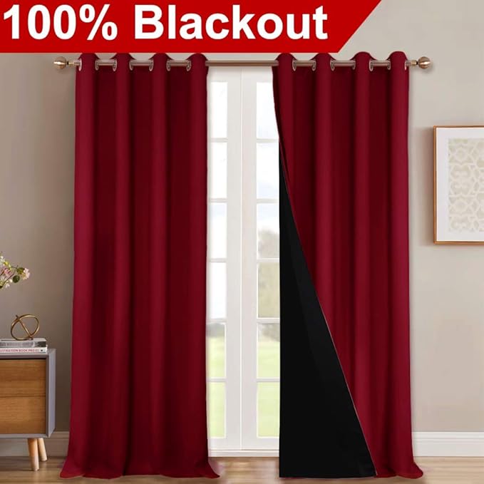 NICETOWN 100% Blackout Curtains with Black Liner Backing, Thermal Insulated Curtains for Living Room, Noise Reducing Drapes for Christmas, Burgundy Red, 52" x 120" Per Panel, Set of 2