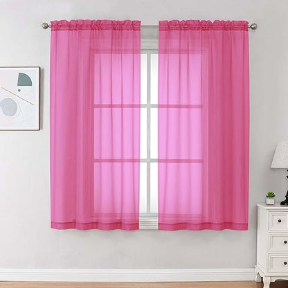 OVZME Sheer Curtains 63 inch Length 2 Panels Set for Bedroom Living Room, Elegant Light Filtering Sheer Curtains, Soft Airy Dual Rod Pocket Window Drapes, Each 42W x 63L Inches, Hot Pink