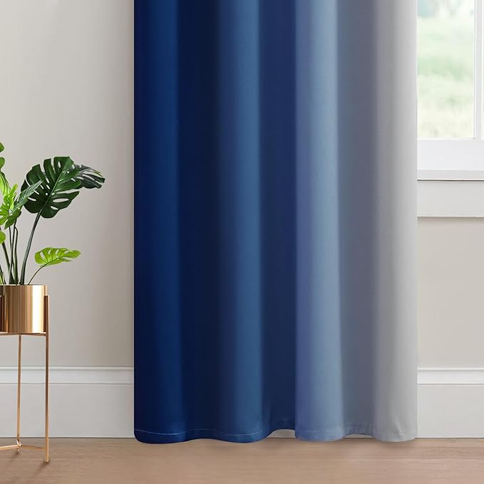 Yakamok Greyish White and Royal Blue Ombre Curtains,Light Blocking Curtains,Room Darkening Grommet Window Drapes for Bedroom(Royal Blue,52x84 Inch,2 Panels)