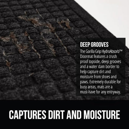 GORILLA GRIP® Ultra Absorbent Front Door Mat Outside Entrance, Traps Dirt and Moisture, HydroABSORB Indoor Outdoor Doormat Holds Up to 1.7 Cups Water, Stain and Fade Resistant Welcome Mat, 29x17 Black