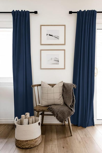 100% Blackout Shield Linen Blackout Curtains for Bedroom 84 Inches Long, Back Tab/Rod Pocket Living Room Drapes, Thermal Insulated Blackout Curtains 2 Panels Set, 50" W x 84" L, Midnight Blue
