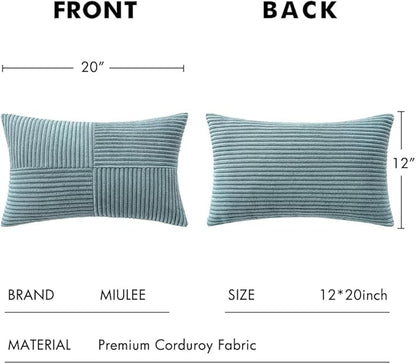 MIULEE Sky Blue Decorative Lumbar Throw Pillow Covers 12x20 Inch for Couch Bed Sofa Pack of 2 Boho Farmhouse Throw Pillows Soft Cross Corduroy Patchwork Textured Cushion Cases