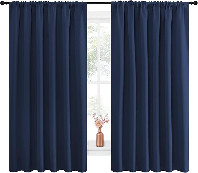 NICETOWN Blackout Curtains for Bedroom, Blackout Draperies, Home Decorations Thermal Insulated Solid Rod Pocket Blackout Drapes for Cafe (Navy, One Pair, 70 x 63-inch)