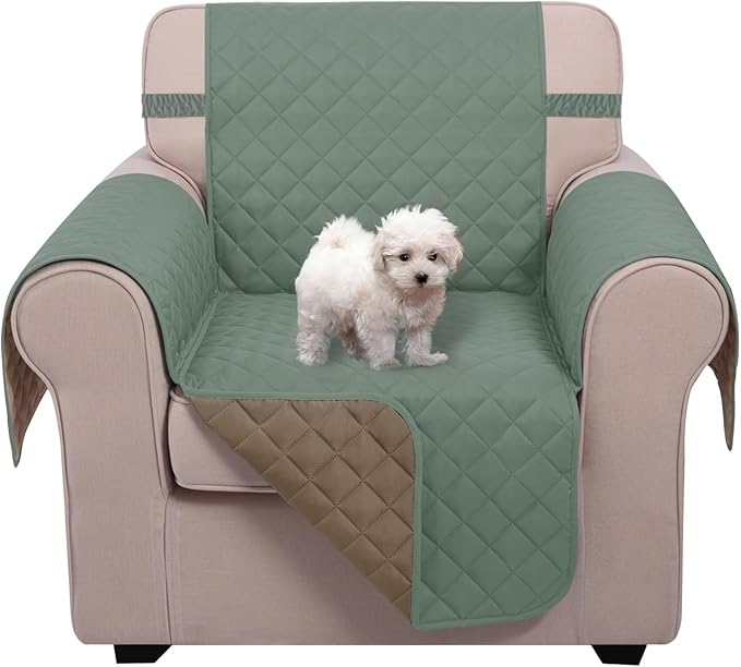U-NICE HOME Reversible Oversized Chair Covers Quilted Water Repellent Pet Protectors with Elastic Straps(28''Armchair, Greyish Green/Taupe)