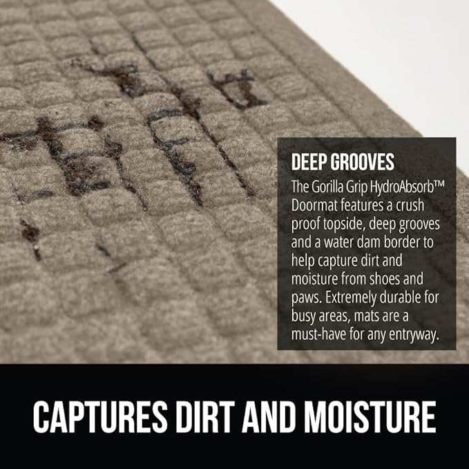 GORILLA GRIP® Ultra Absorbent Front Door Mat Outside Entrance, Traps Dirt and Moisture, HydroABSORB Indoor Outdoor Doormat Holds Up to 1.7 Cups Water, Stain and Fade Resistant Welcome Mat, 29x17 Beige
