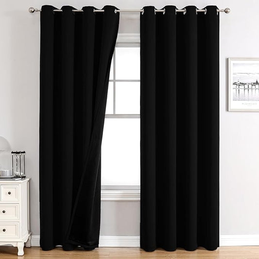 ChrisDowa 100% Blackout Curtains 80 inch Long for Bedroom with Black Liner, 2 Thick Layers Total Blackout Thermal Insulated Grommet Window Curtains 2 Panels Set (Black, 52 x 80 Inch)