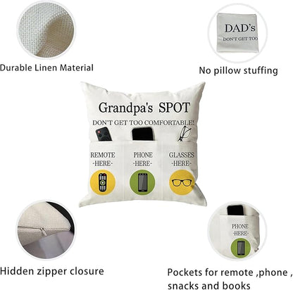 ONFAON Grandpa Gifts,Grandpa's Spot Throw Pillow Covers 18x18 Inch,Put Phone Glasses and Remote Control Pillowcase,Birthday Christmas Thanksgiving Day Gifts for Grandpa Stepdad,3-Pocket