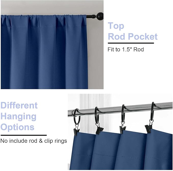 Simplebrand Ava Royal Blue Short Blackout Curtains for Bedroom 63 Inches Long 2 Panels Set, Solid Thermal Insulated, Energy Saving Window Treatment Curtains Blackout Drapes, W40 x L63 Inch, Royal Blue