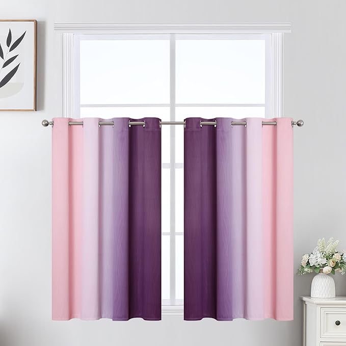 Estelar Textiler Pink and Purple Ombre Short Blackout Curtains 36 Inch Long, Thermal Insulated Grommet Small Half Window Drapes for Cafe/Basement/RV Camper/Kitchen, 52Wx36L, 2 Panels