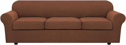 H.VERSAILTEX 4 Piece Stretch Sofa Covers for 3 Cushion Couch Covers for Living Room Furniture Slipcovers (Base Cover Plus 3 Seat Cushion Covers) Thicker Jacquard Fabric (Large Sofa, Caramel)