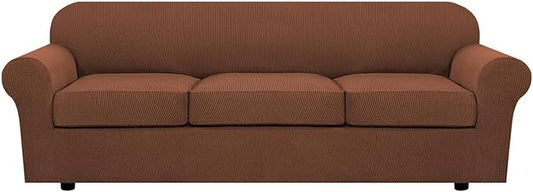 H.VERSAILTEX 4 Piece Stretch Sofa Covers for 3 Cushion Couch Covers for Living Room Furniture Slipcovers (Base Cover Plus 3 Seat Cushion Covers) Thicker Jacquard Fabric (Large Sofa, Caramel)