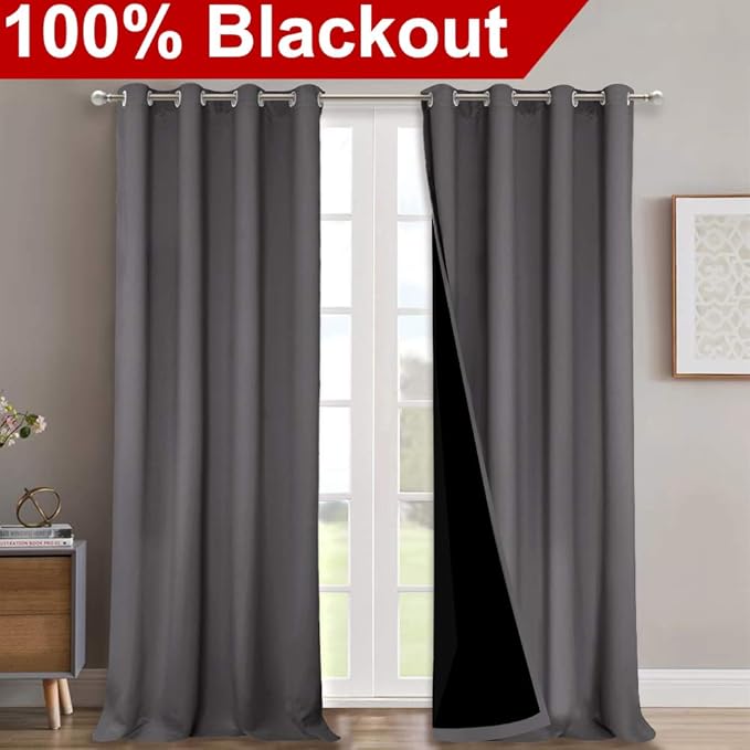 NICETOWN Total Shade Curtains and Draperies, Heavy-Duty Full Light Shading Drapes with Black Liner Backing for Villa/Hall/Dorm Window（Gray, Package of 2, 52 inches Wide x 95 inches Long