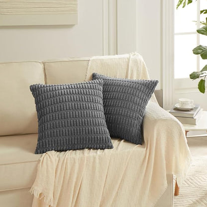 Fancy Homi 4 Packs Dark Grey Decorative Throw Pillow Covers 24x24 Inch for Couch Bed, Rustic Modern Farmhouse Boho Home Decor, Soft Plush Corduroy Gray Cute Square Accent Cushion Case 60x60 cm