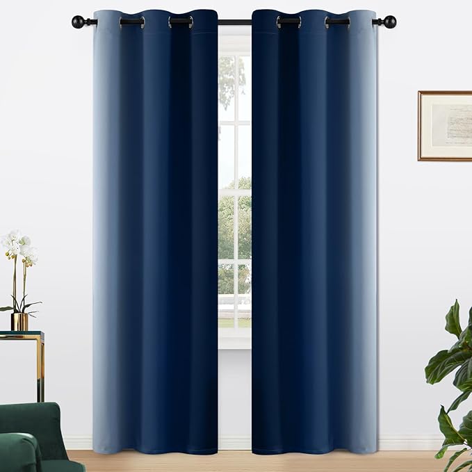 Yakamok Light Blocking Ombre Curtains, Greyish White and Blue Gradient Color Curtains, Room Darkening Grommet Window Drapes for Bedroom(Blue, 42x84 Inch, 2 Panels)