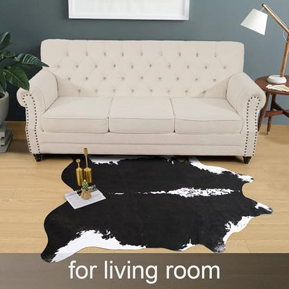 AROGAN 8x10 Feet Faux Cowhide Area Rugs for Living Room, Animal Skins Cow Hide Rug for Bedroom, Cool Western Christmas Decor, Thin Leather Cow Hide Carpets Fireplace Rug, Black