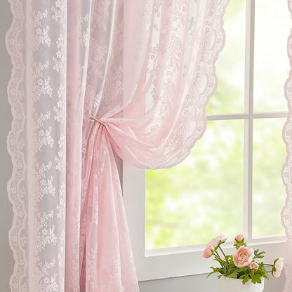 YJ YANJUN Vintage Lace Curtains 63 Inches Length- Cute Sheer Pink Curtains for Girls Bedroom Light Pink Floral Short Window Drapes Princess Girls Room Coquette Decor 2 Panels 52 x63 Inch