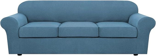 H.VERSAILTEX 4 Piece Stretch Sofa Covers for 3 Cushion Couch Covers for Living Room Furniture Slipcovers (Base Cover Plus 3 Seat Cushion Covers) Upgraded Thicker Jacquard Fabric (XL Sofa, Dusty Blue)