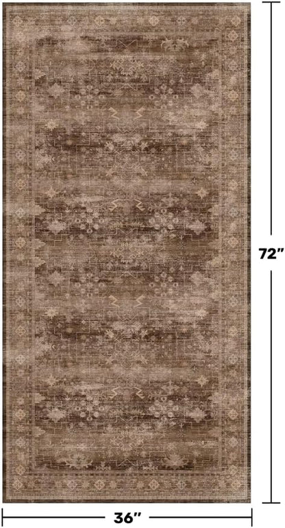 Brown Boho Washable 3x6 Entryway Runner Rug, Indoor Hallway Kitchen Floor Rug, Non-Slip Stain & Fade Resistant, Vintage Dark Neutral Floral Decor