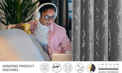 Deconovo Blackout Curtains 84 Inches Long, Light Gray Drapes for Living Room, Branch Silver Print, Soundproof Thermal Insulated Privacy Window Curtain for Bedroom Nursery, Set of 2, Machine Washable