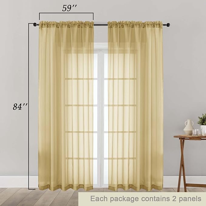 Gold Sheer Curtains 84 Inches Long 2 Panels Set for Bedroom Living Room, Soft Airy Light Filtering Modern Solid Rod Pocket Drapes Window Treatments, Gold, Each 59" W x 84" L
