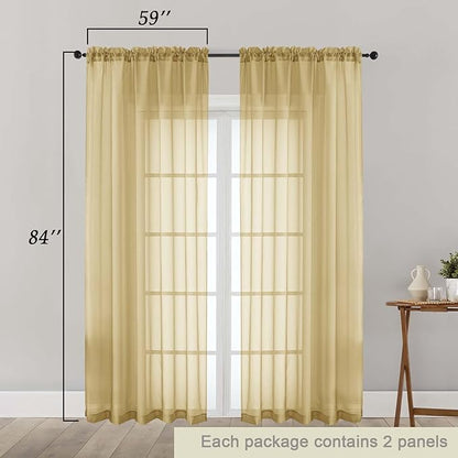 Gold Sheer Curtains 84 Inches Long 2 Panels Set for Bedroom Living Room, Soft Airy Light Filtering Modern Solid Rod Pocket Drapes Window Treatments, Gold, Each 59" W x 84" L