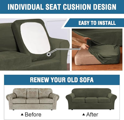 H.VERSAILTEX Real Velvet Plush 3 Piece Stretch Sofa Covers Couch Covers for 2 Cushion Couch Loveseat Covers Width Up to 72 Inch Feature Thick Soft Stay in Place (Medium Sofa, Olive)