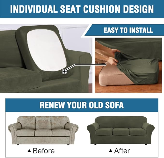 H.VERSAILTEX High Stretch Sofa Slipcover 4 Piece Cover Velvet Furniture Protector Form Fit Thick Velvet Extra Large Sofa Cover for 3 Cushion Couch Width Up to 97 Inch (Large Sofa, Olive)