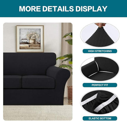 Turquoize 3 Piece Sofa Covers for 2 Cushion Couch Sofa Slipcover Soft Couch Cover for Dogs-Washable Sofa Furniture Covers with 2 Individual Cushion Covers, Feature Jacquard Fabric (Loveseat, Black)