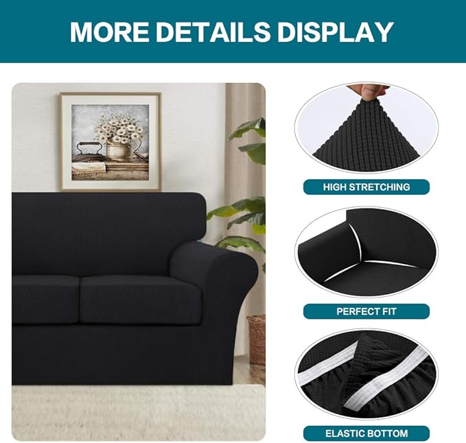 Turquoize 4 Piece Sofa Covers for 3 Cushion Couch Sofa Slipcover Soft Couch Cover for Dogs-Washable Sofa Furniture Covers with 3 Individual Cushion Covers,(3 Cushion Sofa, Black)