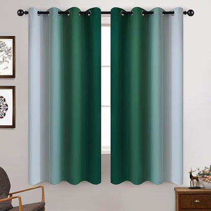 Yakamok Dark Green Ombre Curtains 63 Inches Long, Light Blocking Gradient Color Curtain Panels, Room Darkening Grommet Window Drapes for Bedroom(52x63 Inch, 2 Panels)