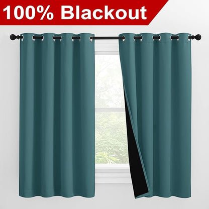 NICETOWN 100% Blackout Curtains with Black Liners, Thermal Insulated 2-Layer Lined Drapes, Room Warming Small Window Draperies for Dining Room (Sea Teal, 2 Panels, 55 inches W by 57 inches L)
