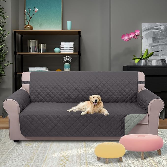 U-NICE HOME 4 Seater Sofa Cover 91 Inch Large Couch Covers for 4 Cushion Couch with Elastic Straps Water Resistant Furniture Protector Cover for Pets Cat (Sofa XX-Large, Dark Grey/Light Grey)
