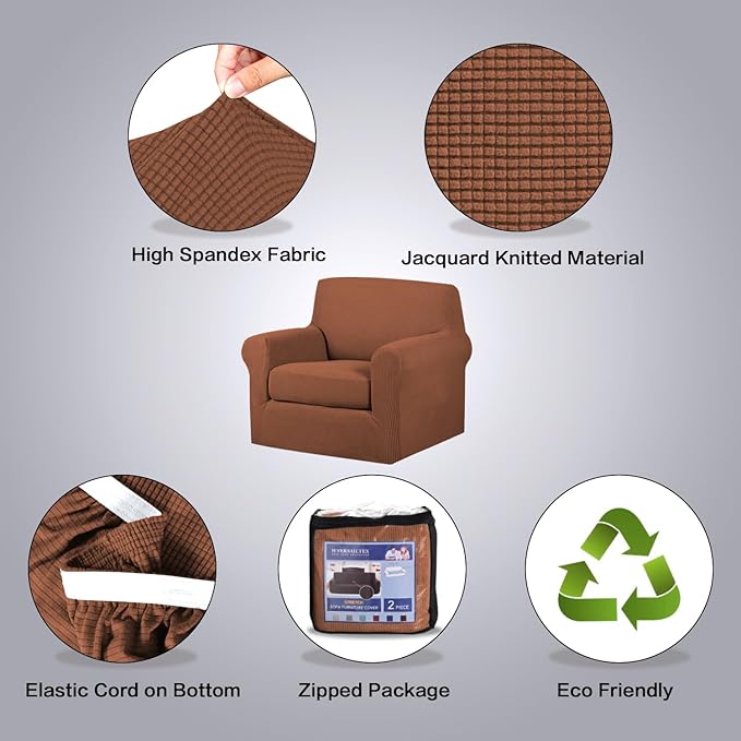 H.VERSAILTEX 2-Piece Armchair Cover Slipcovers with Arms - Sofa Slipcover for Chair Width Up to 47 Inch, Anti-Slip Rich Stretch Knitted Jacquard Fabric Small Checks (Caramel)